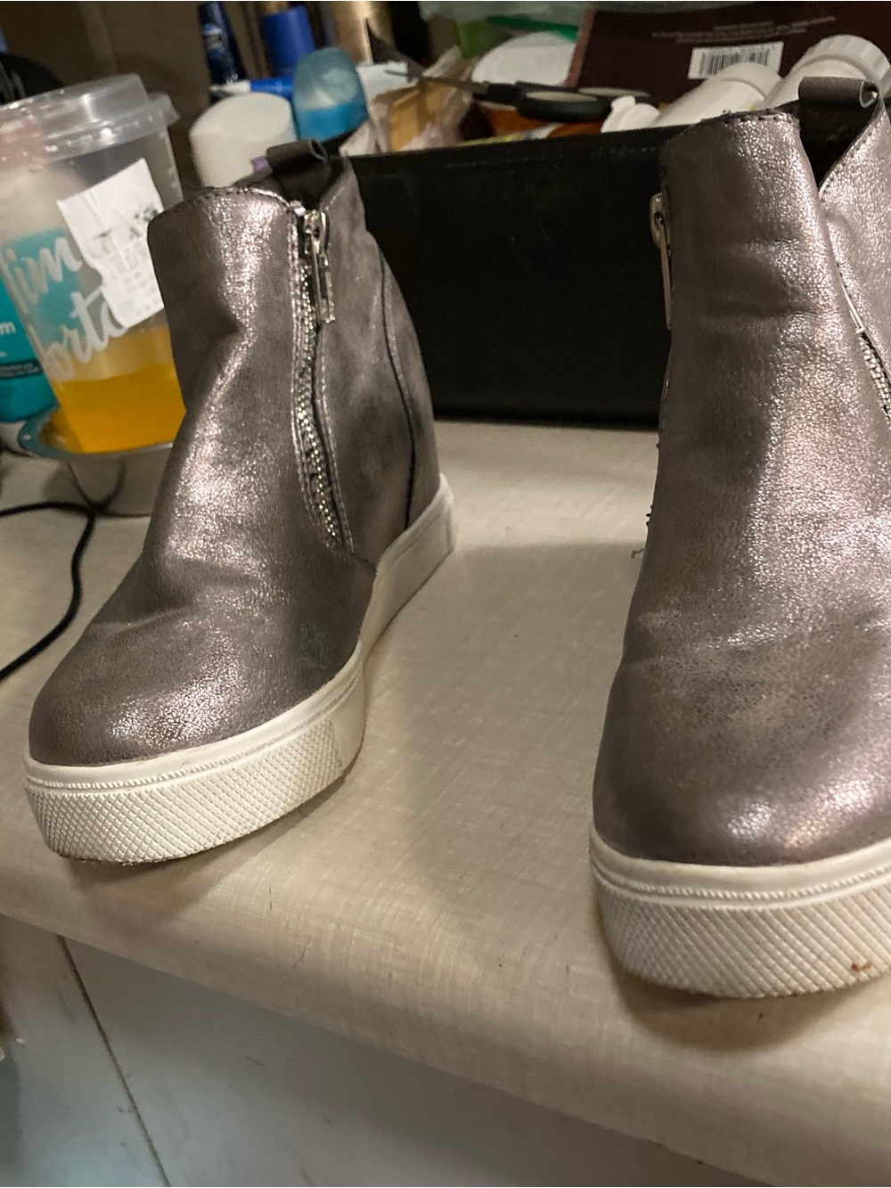 Steve Madden Metallic Pewter High-Top Wedge Sneakers with White Sole - Picture 12 of 16